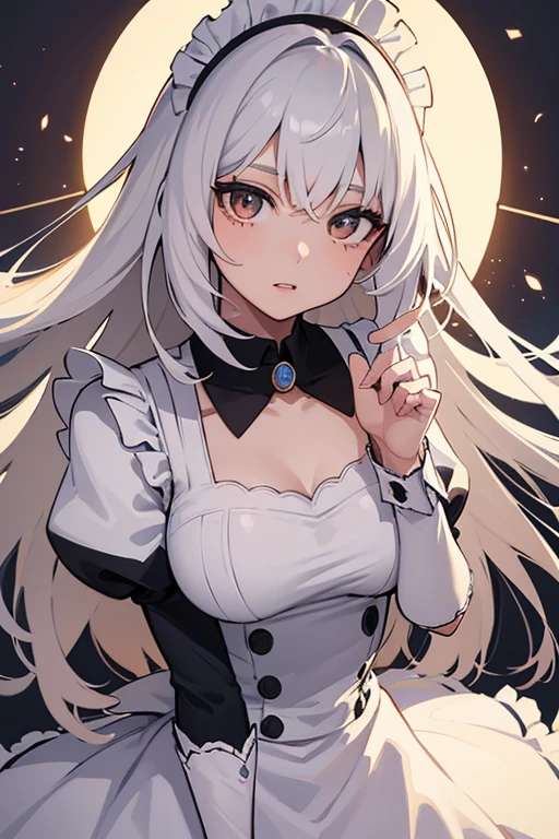 Super high quality, absolutely high image quality, absolute resolution, super detailed masterpiece, detailed and, super detailed and detailed skin texture and texture, anime shine and texture, perfect anatomy, 1girl, girl, extremely young, smooth nose, super detailed and beautiful eyes, marked waist, perfect fingers, striking appearance, well-proportioned body, anime style, masterpiece, superfine resolution, white hair, brown eyes, long hair, maid outfit