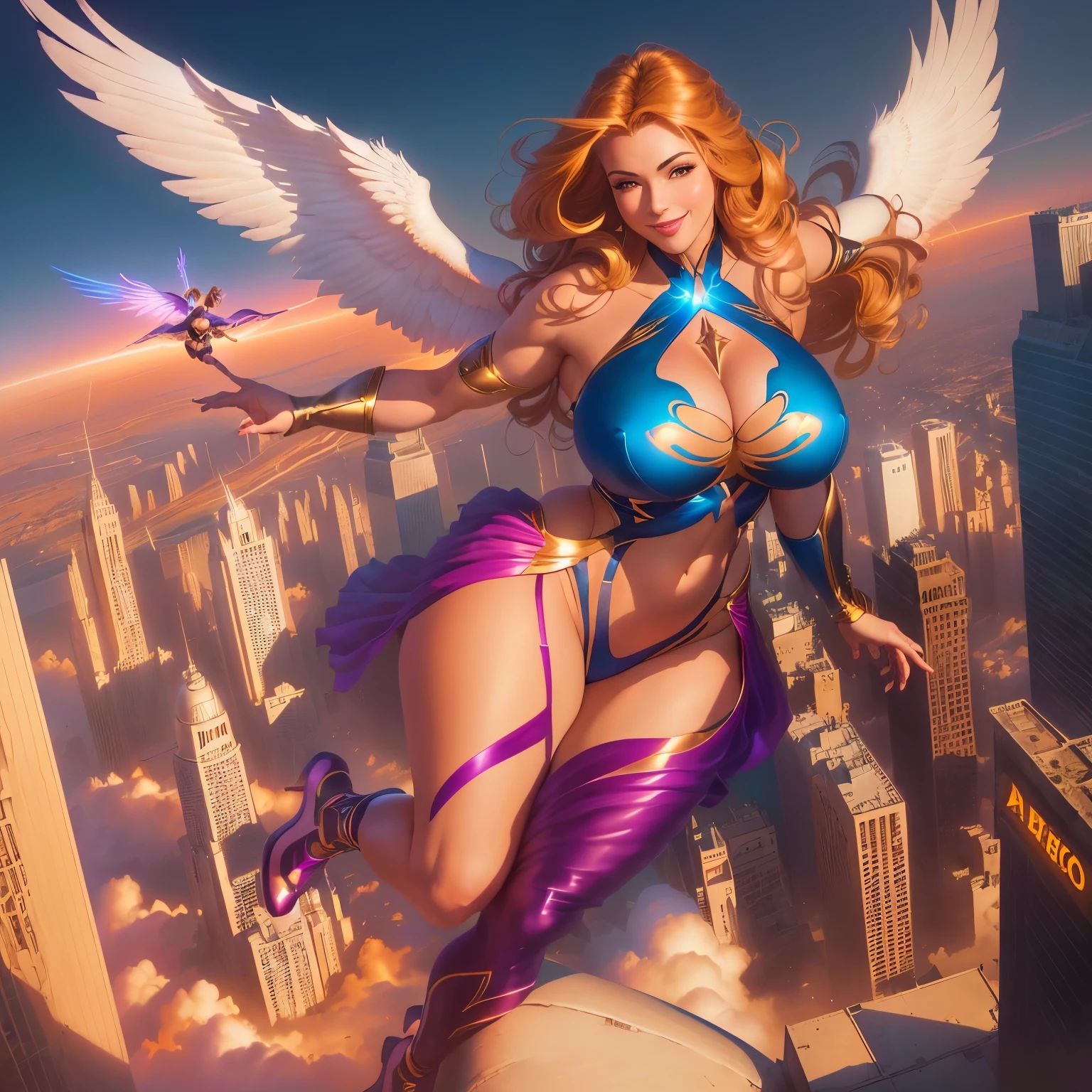 Arafed image of a woman with big breasts and wings flying over a city, muscular arms and legs, smiling, divine, Artgerm Julie Bell Beeple, artista grafica Magali Villeneuve, angel knight girl, ropas de satin, Pleaser platform shoes, Magali Villeneuve&#39;, magic: the art of Magic the Gathering, craig mullins y artgerm, Tyler Edlin Fantasy Art, artgerm y craig mullins.