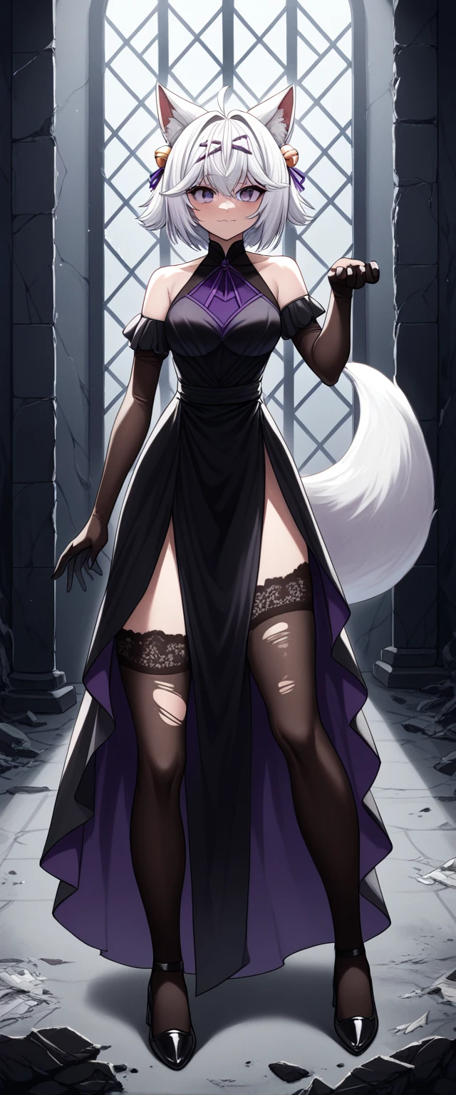 UHD, masterpiece, best quality, ((Night)), ((castle ruins)), ((battlefield)), ((destroyed empty throne)), ((destroyed walls)), broken glass, broken window, messy background, scary background, dramatic lighting, moody atmosphere, scary atmosphere, 1girl, solo, ((pageant pose)), conservative pose, black gown with purple ribbon, high 1slit dress with purple lining design, very elegant dress, Filian, ((fox tail)), ((small cat ears)), white hair, short hair, ((long hair ponytail)) , ahoge, hairclip, hair bell, big round eyes, deep purple eyes, ((dark purple eyes)), blush, closed mouth, seductive smile, black lace arm sleeve, black gloves, thick arms, ((black lace stockings)), thick legs, black high heals, Eye-Level Shot, full body pose, elegant pose, front view