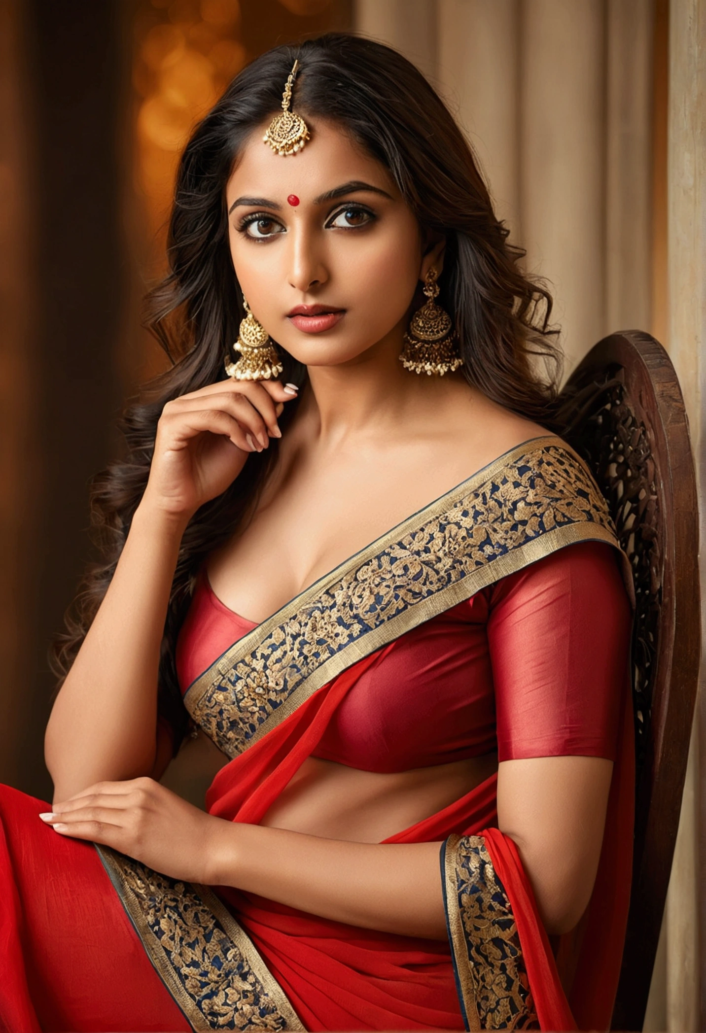 A beautiful actress in an artistic setting, medium:photography,(best quality,highres,ultra-detailed:1.2),realistic,portrait,exquisite lighting, vibrant colors, mesmerizing gaze, expressive eyes, seductive lips, sitting on a chair and showing her smooth legs, Indian culture, sensual aura, elegant pose, delicate features, Removing Red chiffon saree, Showing her smooth legs till thighs, and taking off her blouse from one side revealing her breast,