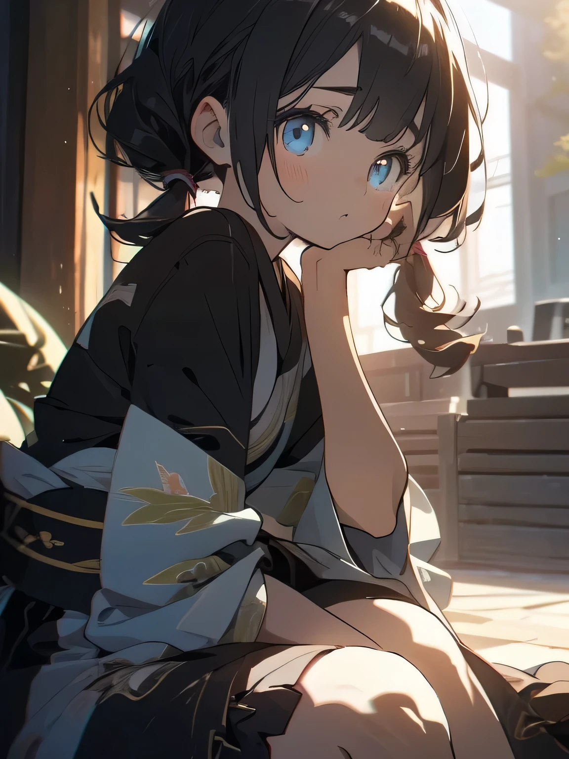 solo, (marnie pokemon), ((masterpiece)),((high resolution)), ((best quality)), extremely fine and beautiful, super fine illustration, (realistic skin), (insanely detailed anime eyes), detailed face, vivid and beautiful, shocking sensation, incredibly detailed, beautiful detailed girl, front view, facing at viewer, profile, perfect shadow, realistic lighting shaded, (black hair), (()), (all black yukata), (small breast), (grey forest background), (short pigtails hair), (sad expression)