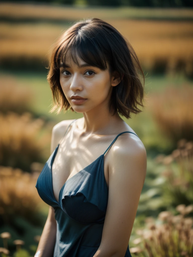 (Dynamic medium shot:1.2), (Best quality:1.5), blue sky, (fallen leaves), 23y, 1girl, indonesian, (tight breast), sexy strip dress, (cute face:1.4), wavy short hair blowing in the wind, (bangs:1.2) dramatic selfie posing in meadow with fern plant, kodacrhome, cinematic lighting, beautiful shadow, sunlight, aesthetic, ultra highres, sharp focus, highly detailed, perfect object, film bokeh, surreal view, shot by eos c with 35mm lens, (shot fom below:1.3), Portrait by annie leibovitz, midjourney v6