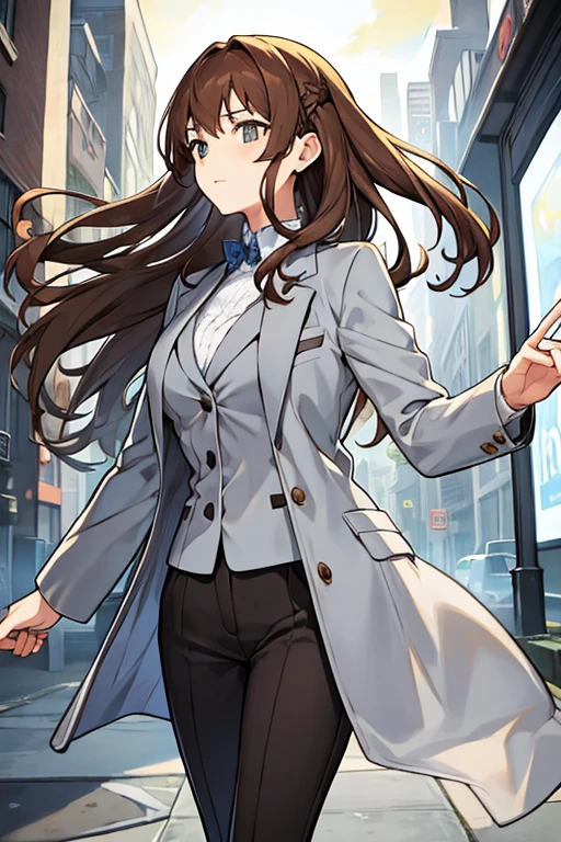 women, semi long brown hair, Grey suit