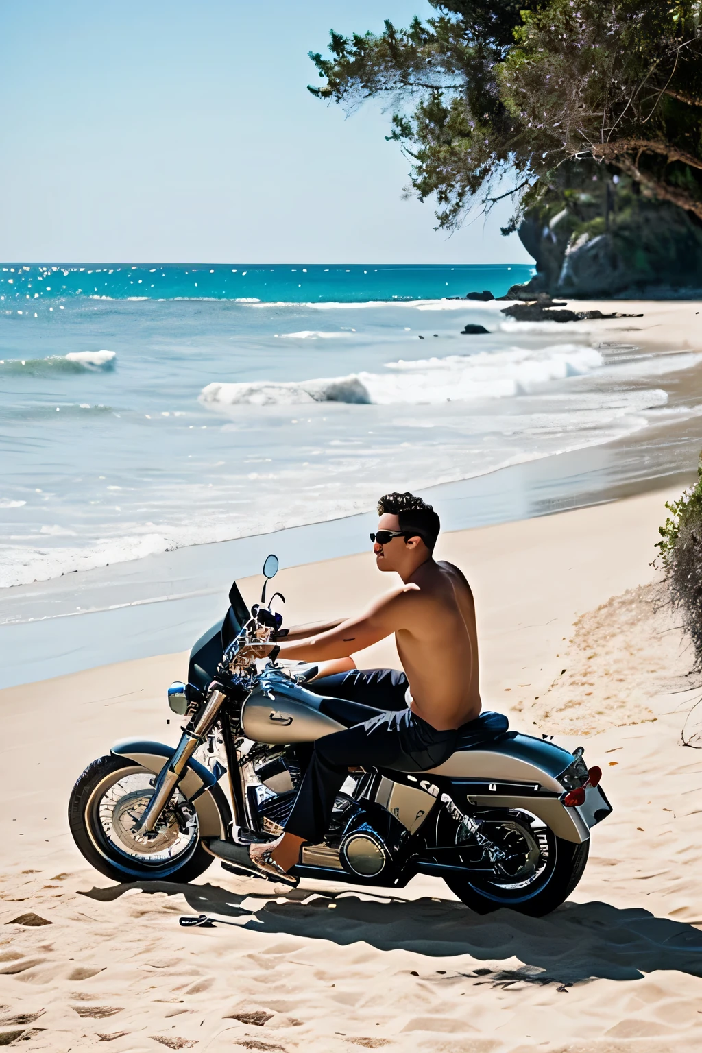 create a picture, beach, sand, guy taking a break from workdays, he's wearing shorts, deep tan, there's a Harley Davidson motorcycle nearby