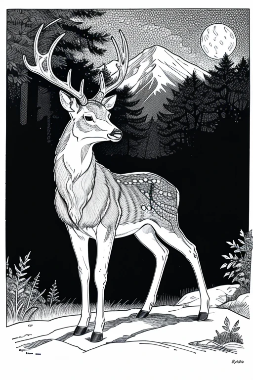 a deer standing on mountain , forrest , coloring pages , low detailed , coloring pages , ink art work