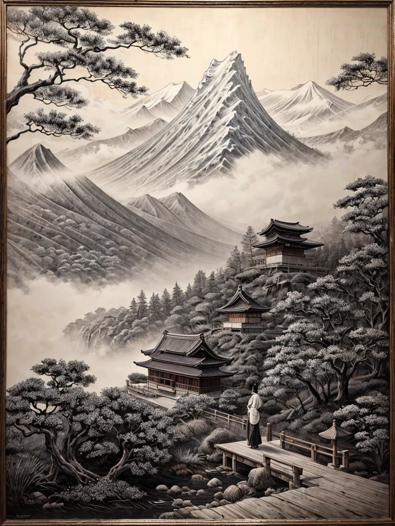 An ancient painting from Japan in black and white is a piece of art of great historical and aesthetic value. Made with sumi ink, The painting measures approximately 1 meter high by 60 centimeters wide, mounted on a roll of fine silk that reveals signs of natural wear and marks of time. The silk surface is delicately textured, with a slightly yellowed base due to age.

The work depicts a mountainous landscape typical of feudal Japan., with tall, imposing mountains in the background, partially shrouded in fog, which adds an ethereal touch to the scene. stylized trees, with its twisted branches and delicately drawn leaves, punctuate the scenario, while a winding river runs through the valley, captured in fluid strokes that suggest movement and serenity.

In the foreground, a small traditional Japanese teahouse is visible, with its thatched roof and simple wooden walls. In front of the house, A lone figure, dressed in traditional costumes, seems to contemplate the landscape, adding a human dimension to the natural scene. Every detail is meticulously painted, from the wrinkles in the figure&#39;s clothing to the textures of the leaves and rocks.

The composition of the painting is harmonious, balancing natural elements with human intervention in a way that evokes a sense of peace and contemplation. The absence of colors allows for a greater focus on shapes and textures, highlighting the artist&#39;s ability to capture the essence of nature and everyday life with a monochromatic palette.