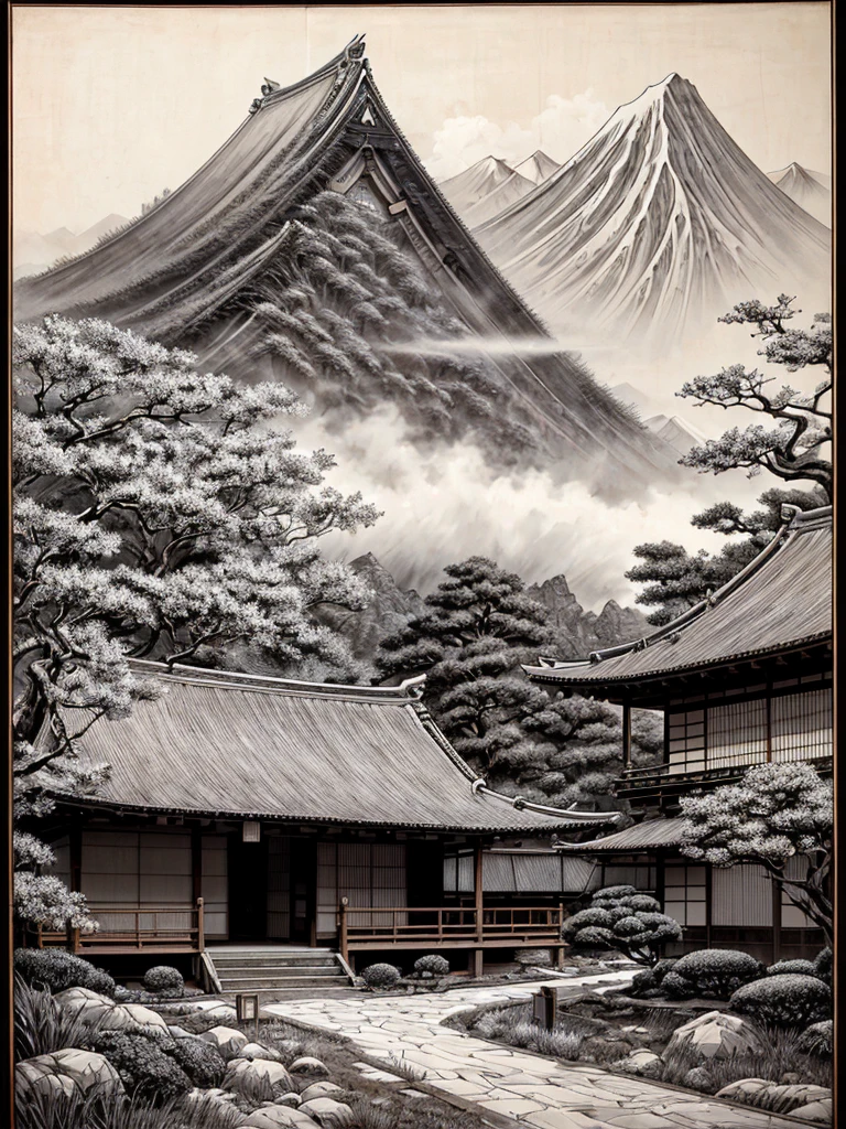 An ancient painting from Japan in black and white is a piece of art of great historical and aesthetic value. Made with sumi ink, The painting measures approximately 1 meter high by 60 centimeters wide, mounted on a roll of fine silk that reveals signs of natural wear and marks of time. The silk surface is delicately textured, with a slightly yellowed base due to age.
The work depicts a mountainous landscape typical of feudal Japan., with tall, imposing mountains in the background, partially shrouded in fog, which adds an ethereal touch to the scene. stylized trees, with its twisted branches and delicately drawn leaves, punctuate the scenario, while a winding river runs through the valley, captured in fluid strokes that suggest movement and serenity.
In the foreground, a small traditional Japanese teahouse is visible, with its thatched roof and simple wooden walls. In front of the house, A lone figure, dressed in traditional costumes, seems to contemplate the landscape, adding a human dimension to the natural scene. Every detail is meticulously painted, from the wrinkles in the figure's clothing to the textures of the leaves and rocks.
The composition of the painting is harmonious, balancing natural elements with human intervention in a way that evokes a sense of peace and contemplation. The absence of colors allows for a greater focus on shapes and textures, highlighting the artist's ability to capture the essence of nature and everyday life with a monochromatic palette.