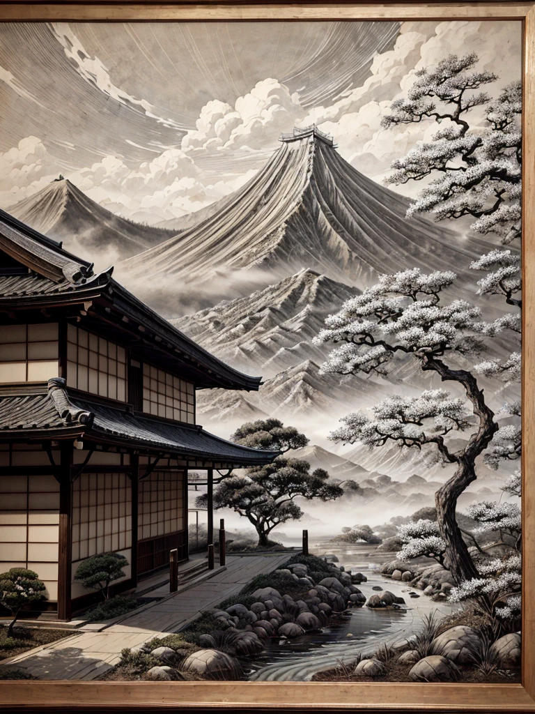 An ancient painting from Japan in black and white is a piece of art of great historical and aesthetic value. Made with sumi ink, The painting measures approximately 1 meter high by 60 centimeters wide, mounted on a roll of fine silk that reveals signs of natural wear and marks of time. The silk surface is delicately textured, with a slightly yellowed base due to age.
The work depicts a mountainous landscape typical of feudal Japan., with tall, imposing mountains in the background, partially shrouded in fog, which adds an ethereal touch to the scene. stylized trees, with its twisted branches and delicately drawn leaves, punctuate the scenario, while a winding river runs through the valley, captured in fluid strokes that suggest movement and serenity.
In the foreground, a small traditional Japanese teahouse is visible, with its thatched roof and simple wooden walls. In front of the house, A lone figure, dressed in traditional costumes, seems to contemplate the landscape, adding a human dimension to the natural scene. Every detail is meticulously painted, from the wrinkles in the figure's clothing to the textures of the leaves and rocks.
The composition of the painting is harmonious, balancing natural elements with human intervention in a way that evokes a sense of peace and contemplation. The absence of colors allows for a greater focus on shapes and textures, highlighting the artist's ability to capture the essence of nature and everyday life with a monochromatic palette.