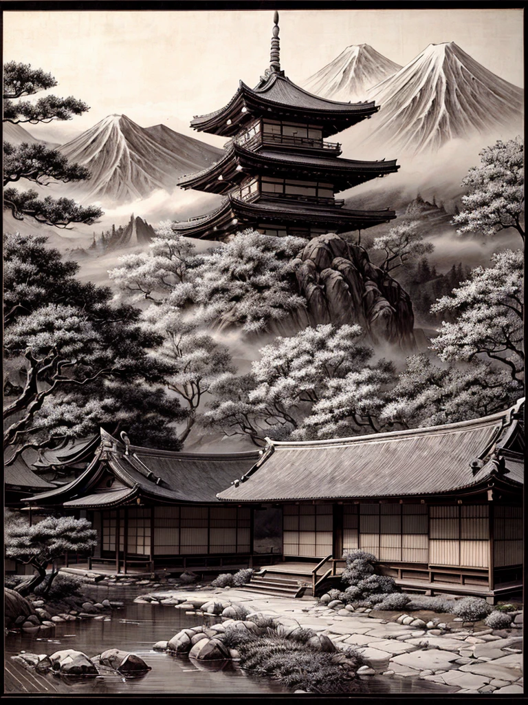 An ancient painting from Japan in black and white is a piece of art of great historical and aesthetic value. Made with sumi ink, The painting measures approximately 1 meter high by 60 centimeters wide, mounted on a roll of fine silk that reveals signs of natural wear and marks of time. The silk surface is delicately textured, with a slightly yellowed base due to age.
The work depicts a mountainous landscape typical of feudal Japan., with tall, imposing mountains in the background, partially shrouded in fog, which adds an ethereal touch to the scene. stylized trees, with its twisted branches and delicately drawn leaves, punctuate the scenario, while a winding river runs through the valley, captured in fluid strokes that suggest movement and serenity.
In the foreground, a small traditional Japanese teahouse is visible, with its thatched roof and simple wooden walls. In front of the house, A lone figure, dressed in traditional costumes, seems to contemplate the landscape, adding a human dimension to the natural scene. Every detail is meticulously painted, from the wrinkles in the figure's clothing to the textures of the leaves and rocks.
The composition of the painting is harmonious, balancing natural elements with human intervention in a way that evokes a sense of peace and contemplation. The absence of colors allows for a greater focus on shapes and textures, highlighting the artist's ability to capture the essence of nature and everyday life with a monochromatic palette.