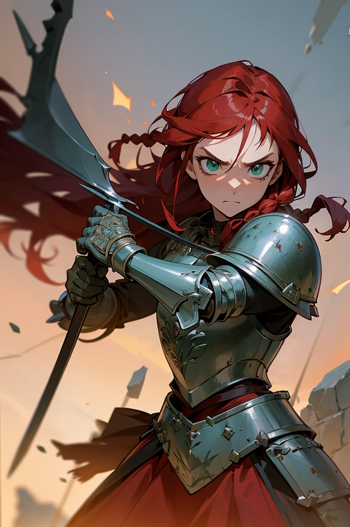 Red hair, piercing green eyes, fierce warrior female, determined look, dusk, 10k resolution, crumbling fortress, flickering torchlight, young warrior, resolute face, braided hair, full-body shot, engraved bronze breastplate, serious expression, emerald gem on breastplate, athletic build, intricately designed armor, no scars, battleaxe in hand, chainmail gloves, upper body