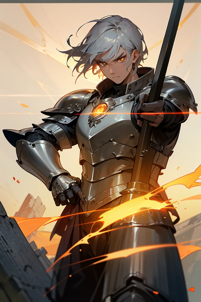Gray hair, amber eyes, experienced warrior male, focused stare, twilight, 8k resolution, ancient ruins, glowing fire pits, elder warrior, contemplative face, short hair, full-body shot, reinforced steel armor, serious look, topaz gem on armor, robust build, layered armor plates, no tattoos, battle spear in hand, sturdy boots, upper body