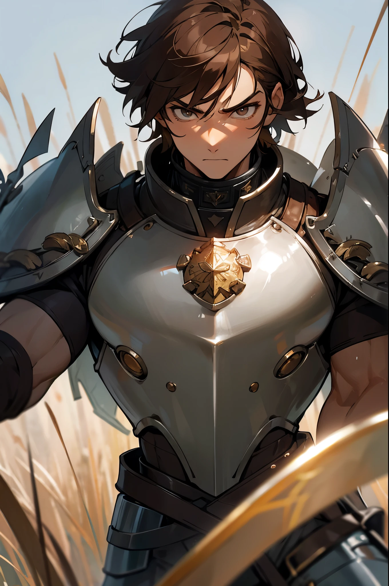 - Chestnut brown hair, silver eyes, battle-ready warrior male, intense glare, morning, 10k resolution, grassy field, morning mist, adult warrior, focused face, short hair, mid-shot, reinforced steel armor with intricate designs, serious expression, diamond gem on armor, robust build, layered plating, no tattoos, warhammer in hand, metal boots, upper body
