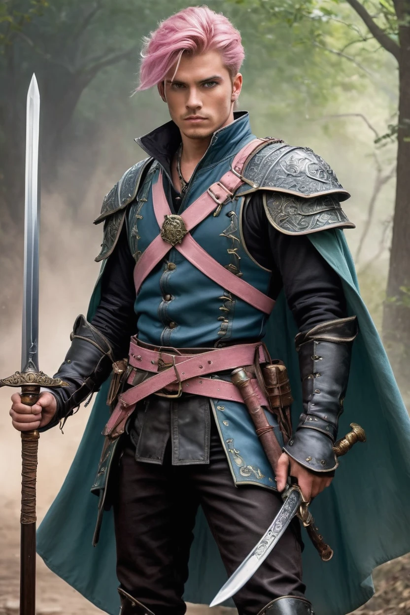 capture a head-to-toe body perspective of a swashbuckler standing in a simplisticly designed black leather armor/outfit and black leather boots, a pink undercut hairstyle, intricately detailed and pale green eyes. He is holding a bastard sword in his right hand, and he has a buckler attached to his left forearm. He is wearing an soft blue duelist's cape. Pathfinder Second Edition art style. an award-winning image art style