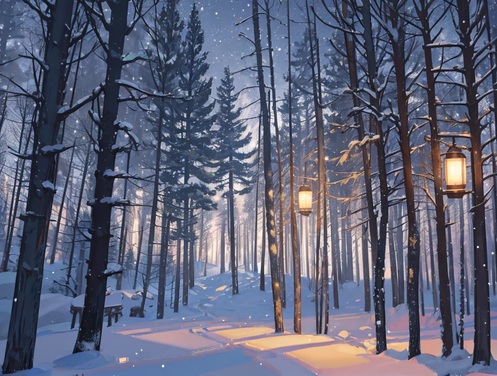 Winter forest in the evening, photorealism, lantern light, snow falling, 4k, beautiful, ISO 100, realistic, winter forest