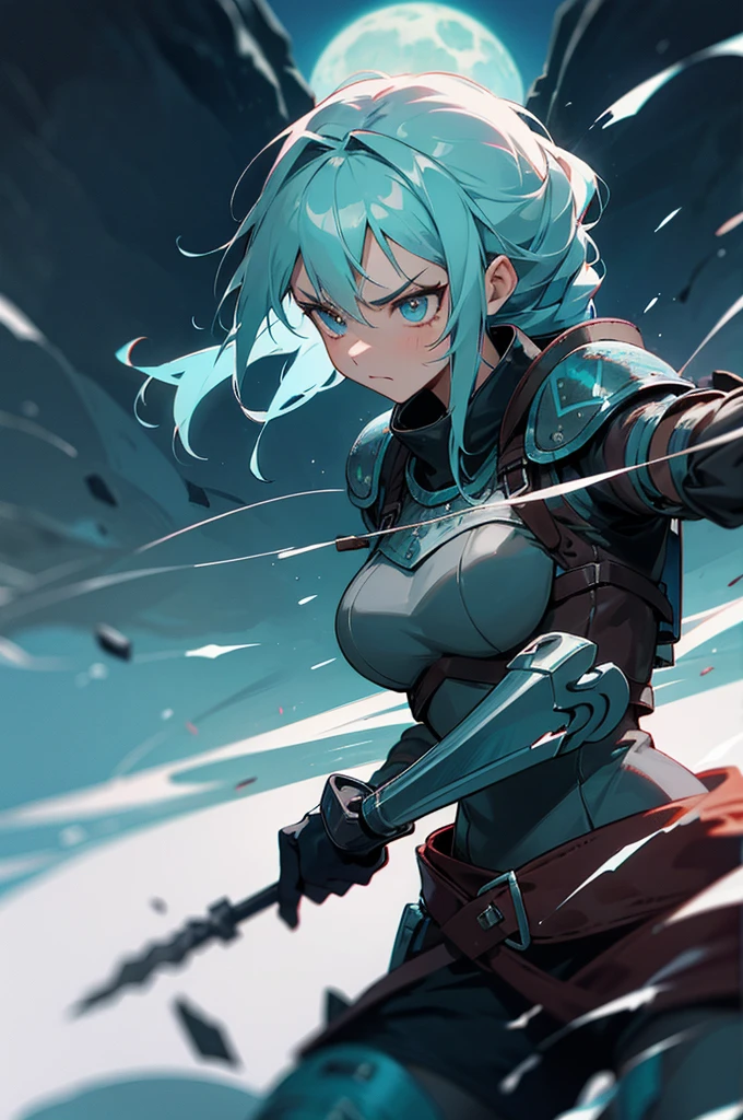 - Ash grey hair, turquoise eyes, rugged warrior female, fierce look, night, 6k resolution, moonlit battlefield, glowing runes, young warrior, determined face, braided hair, close-up shot, enchanted dark steel armor, resolute expression, turquoise gem on armor, agile build, detailed plating, no blemishes, battleaxe in hand, leather boots.