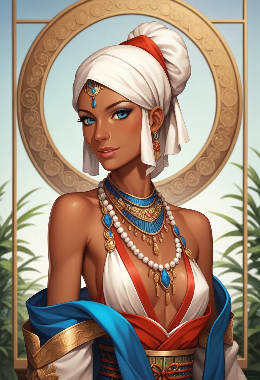 ((best quality)), ((masterpiece)), (detailed), 1girl, oriental turban, mixed race girl, African American + Caucasian girl with lighter skin, young woman, royal, jewelry, princess, beautiful, , shoulders showing, silk clothing, skinny, , white hair, Japanese clothing, fantasy, middle eastern, head scarf, beautiful headwear