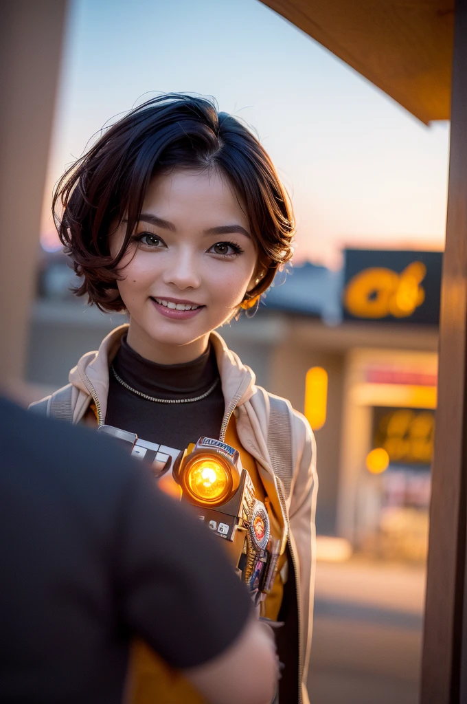 A young girl in realistic portrait of high quality and detail, movie style, younger face, (dark blue hair, short hair:1.3), realistic eyes, green eyes, pale skin, She is wearing a hoodie and sleeveless, Belle (Zenless Zone Zero), happy face, glow, eye shadow, 1girl, Depth & Perspective, smiling on her face, fine face, she is standing in the video rental salon, a showcase with VHS tapes in the background, indoors, neon light from windows, looking at viewer, (ultra-high detail:1.2), Masterpiece, Best Quality, Ultra-detailed, Cinematic lighting, 8K, delicate features, cinematic, highlight lighting, cinematic, Cinematic lighting, 8K, high quality, Highest Quality, (Solo Focus), (extremly intricate:1.3), (Realistic), masterful, Analog style, (Film grain:1.5), (warm hue, cold tone), 