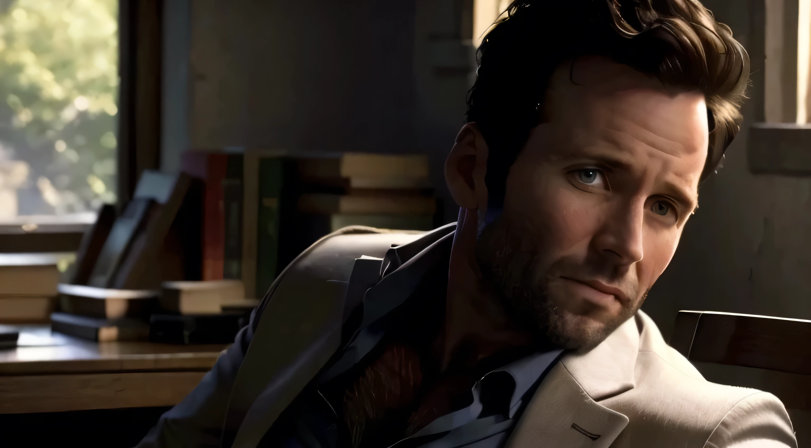 eionbailey, masterpiece, best quality, 1 man, blue button-up shirt, tan suit jacket, short hair, messy hair, dark hair, beard stubble, ruggedly handsome features, perfect face, dimples, high cheekbones, high forehead, strong jaw, large chin, unbuttoned chest, hairy chest, large pectorals, pectoral lift, in a private office, windows with threes beyond