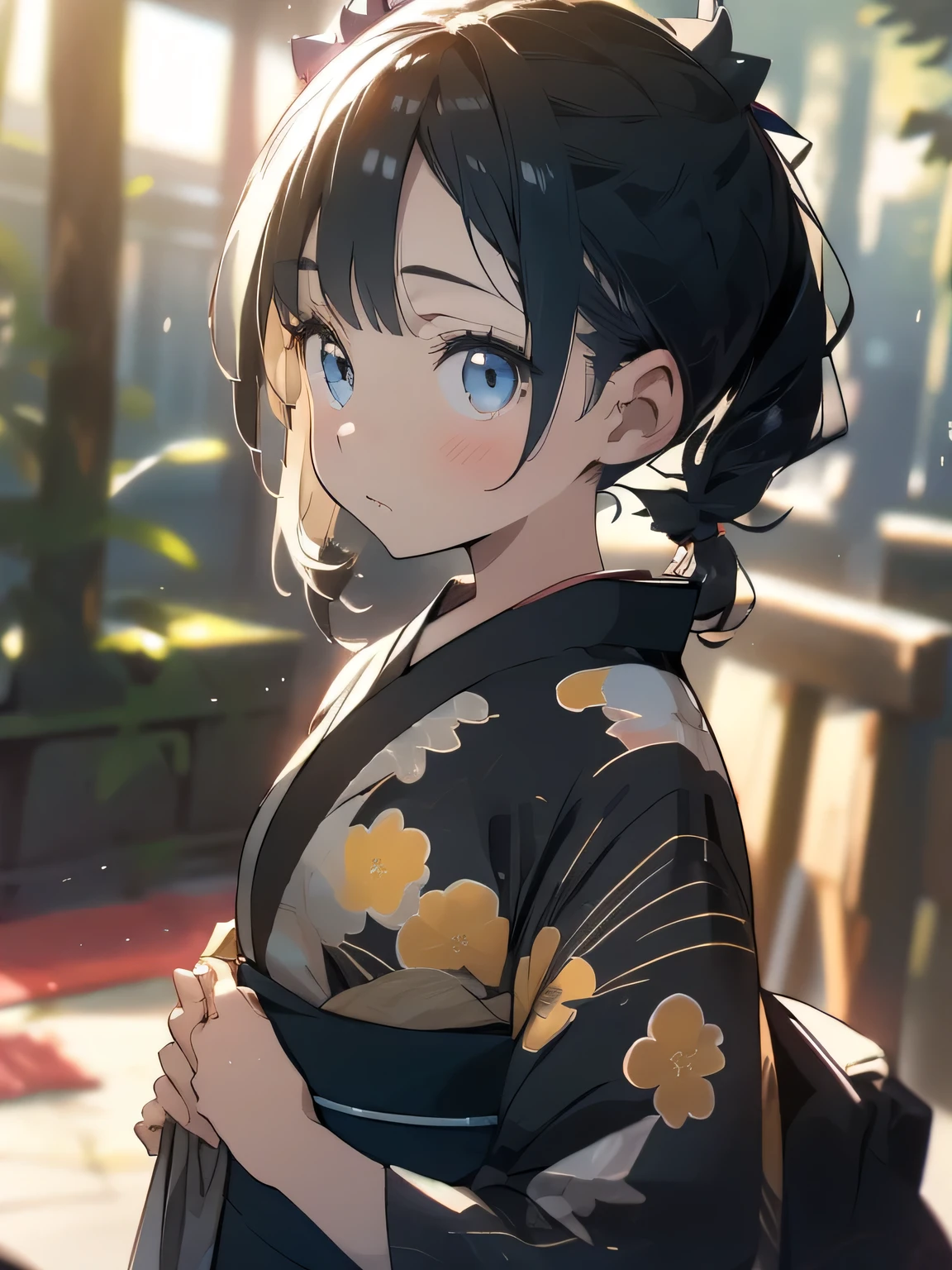 solo, (marnie pokemon), ((masterpiece)),((high resolution)), ((best quality)), extremely fine and beautiful, super fine illustration, (realistic skin), (insanely detailed anime eyes), detailed face, vivid and beautiful, shocking sensation, incredibly detailed, beautiful detailed girl, front view, facing at viewer, profile, perfect shadow, realistic lighting shaded, (black hair), ((child)), (all black yukata), (small breast), (grey forest background), (short pigtails hair), (sad expression), (all black outfit)