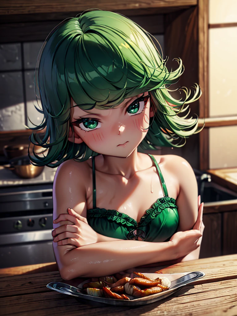 (high res, 8K, masterpiece, looking at viewer, best quality, very aesthetic, ultra detailed), intricate details, 1girl, Tatsumaki, Green Dark Bikini, napkin around the waist, Cooking Fish, Surprised Face, Face Flushed, Background Dining aroom, Kitchen, Cinematic Angle
