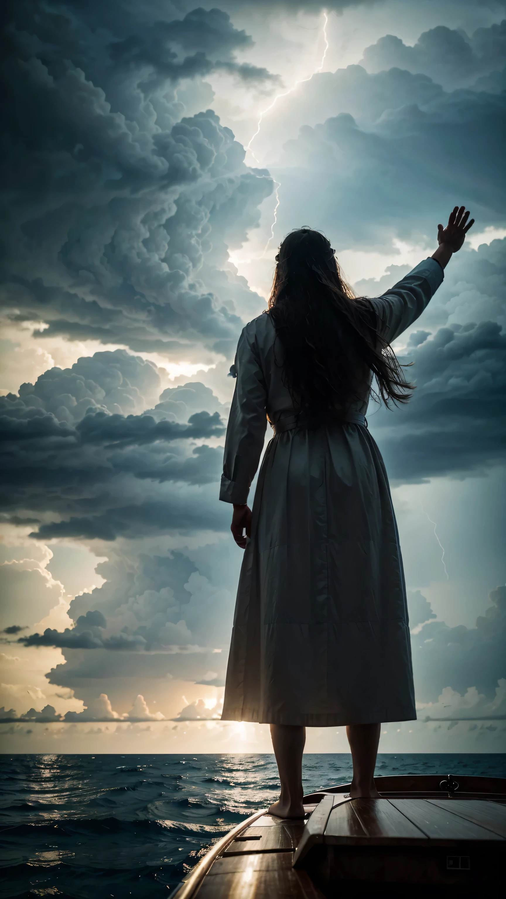 A pious man with long hair is standing on a boat with both hands raised above the sea. The sky is covered with dark clouds.back view,back view,Hyper-realistic photography, gentle soft natural lightning, real photo,Cinematic style,realistic environment,low contrast, 32k resolution , highly detailed, realistic dress. Ultrarealistic water, hills