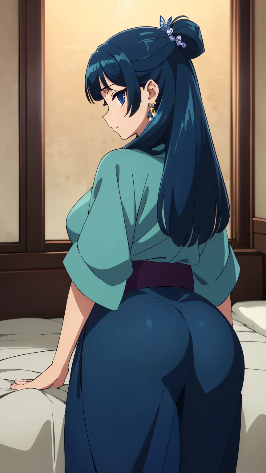 Top quality (8k, high resolution, masterpiece: 1.2), ((Goddess of beauty)), laying in bed, super detailed, anime art style, dynamic angle, photo from behind, style, (tight hakama), Perfect ass, detailed white hair, detailed blue eyes, intricate hairstyle, long hair , slim body, sparkling eyes, youthful, hair accessories, earrings, tight cloths, detailed lighting, bright colors, looking at the viewer, in the center of the image, cowboy shot, ((FOCUS ON ASS))