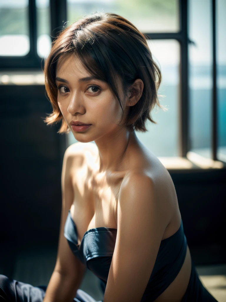 (Dynamic medium shot:1.2), (Best quality:1.5), blue sky, (fallen leaves), 23y, 1girl, indonesian, (tight breast),  sexy strip dress, (cute face:1.4), wavy short hair blowing in the wind, (bangs:1.2) dramatic selfie posing in tokyo outskirt with closed shop, kodacrhome, cinematic lighting, beautiful shadow, sunlight, aesthetic, ultra highres, sharp focus, highly detailed, perfect object, film bokeh, surreal view, shot by eos c with 35mm lens, (shot fom below:1.3), Portrait by annie leibovitz, midjourney v6