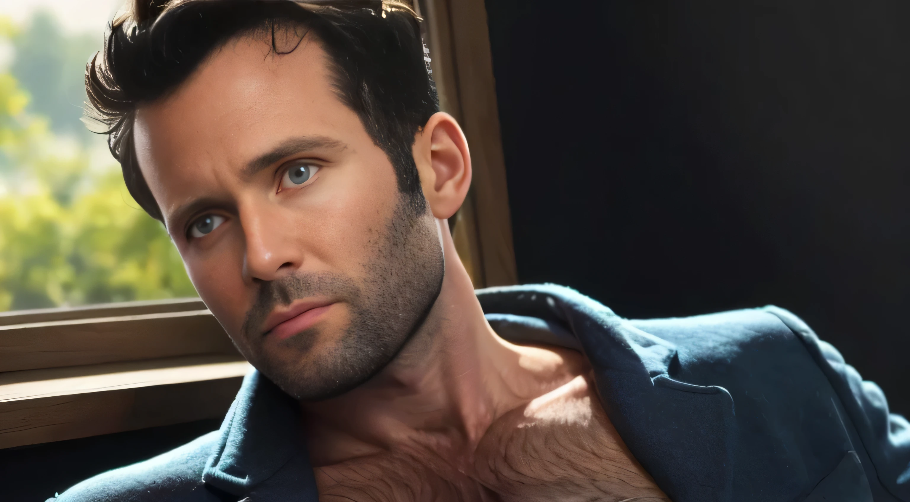 eionbailey, 1boy, shirtless, blue suit jacket, short hair, messy hair, dark hair, beard stubble, ruggedly handsome features, perfect face, strong jaw, large chin, high hairline, blue eyes, large pectorals, in a private office, windows with trees beyond, ultra-detailed image, high resolution, vivid colors