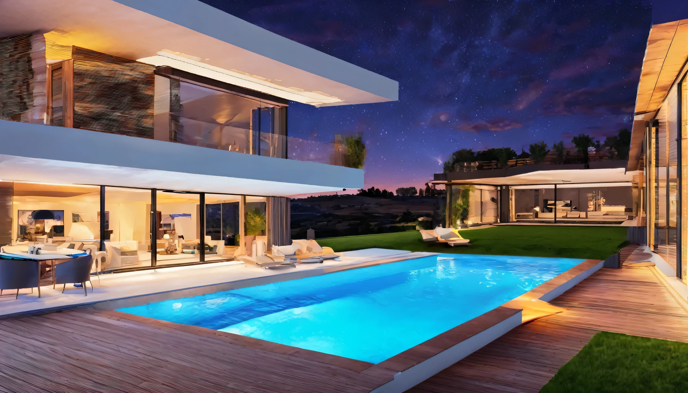 a modern luxury mansion, piscine à débGolddement, view of the'Ocean, Floor-to-ceiling windows, design d'elegant luxury interior, PhotGoldéaliste, 8k, best quality, head of'artwork, very detailed, Dramatic lighting, cinematic, Beau paysage, serene atmosphere, warm color palette, Éclairage de l'hour of'Gold, merveille architecturale