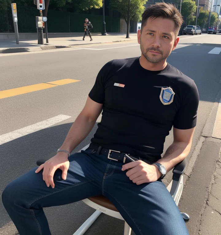 40 years old,One Man,、American　police、City。Sit with your legs wide open、Hold a gun,logic,Gay ,Very short hair,Stubble,Cool handsome guy、The  area is bulging