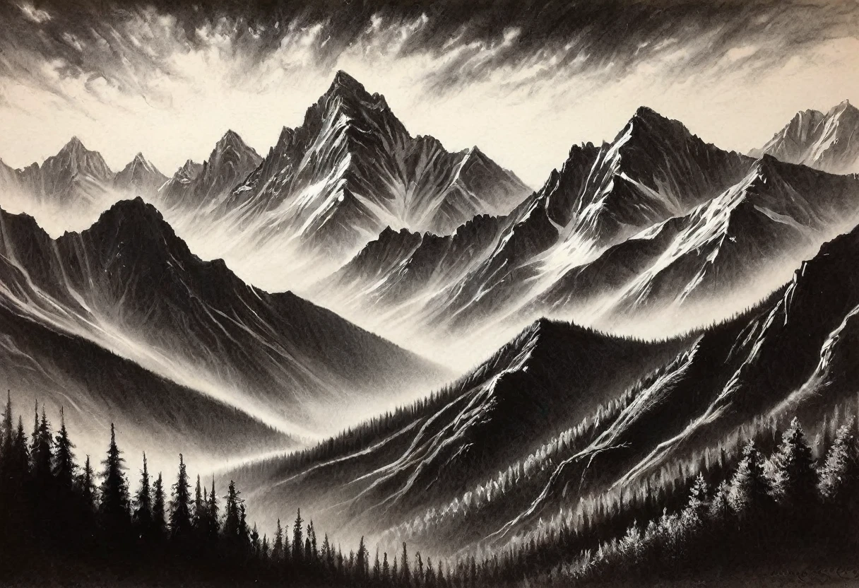 fancy, mountains, charcoal drawing, 