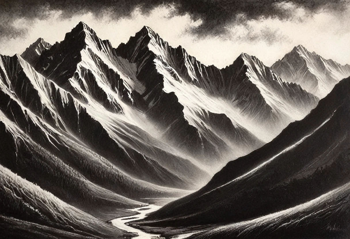 fancy, mountains, charcoal drawing, 