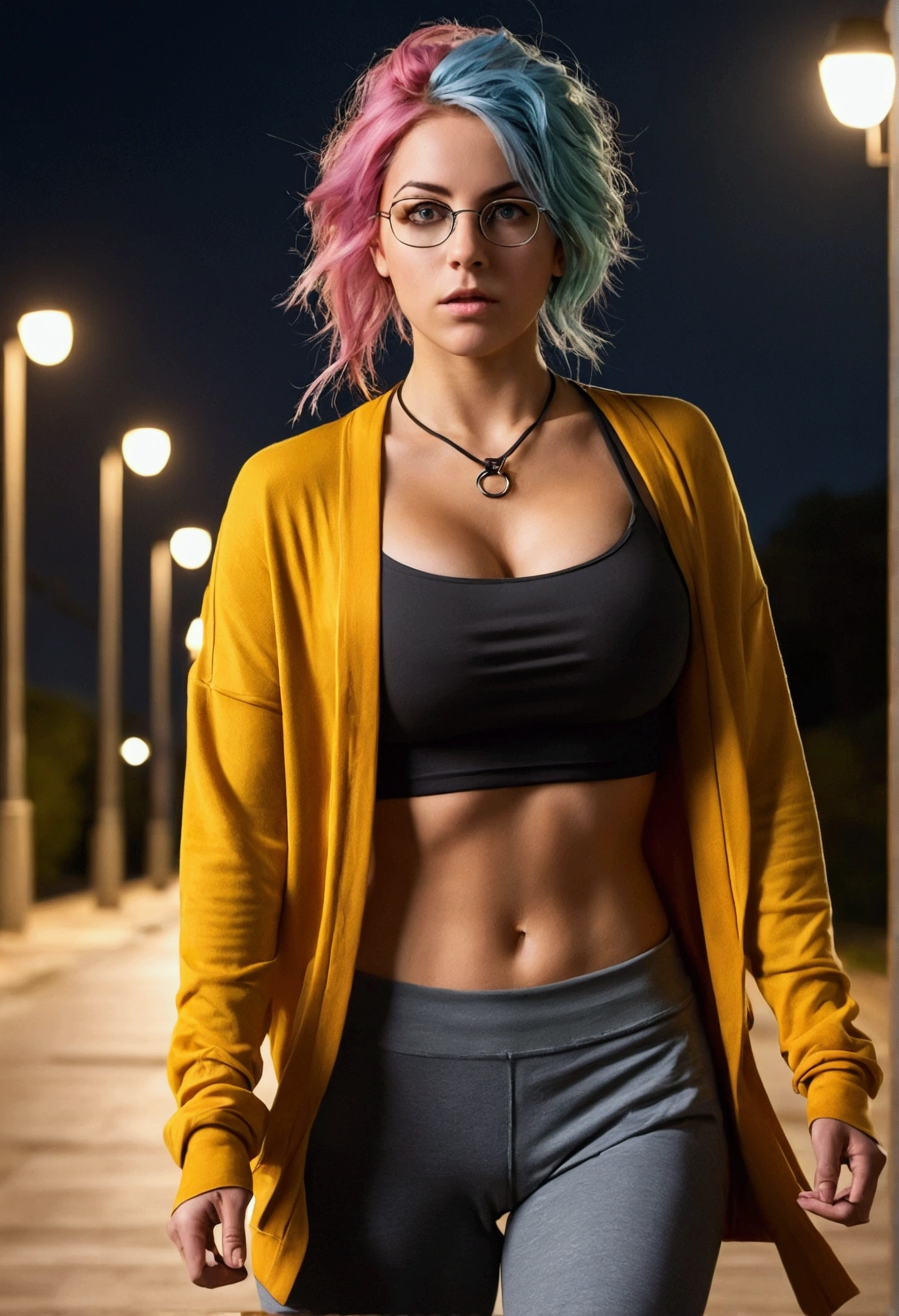 the best quality, Masterpiece artwork, cinematic lighting, intrikate, Fundo realisitic cinematográfico detalhado, face detailed, complete body, Breasts huge, realisitic, clear line, , , 1 girl running, urban landscape, natta, tied - up shirt, gazing at viewer, tatoo, model posing, open cardigan, yellow eyes with rings, Street lighting, Street lighting, yoga pants, divided colored hair, eye glass,, ,