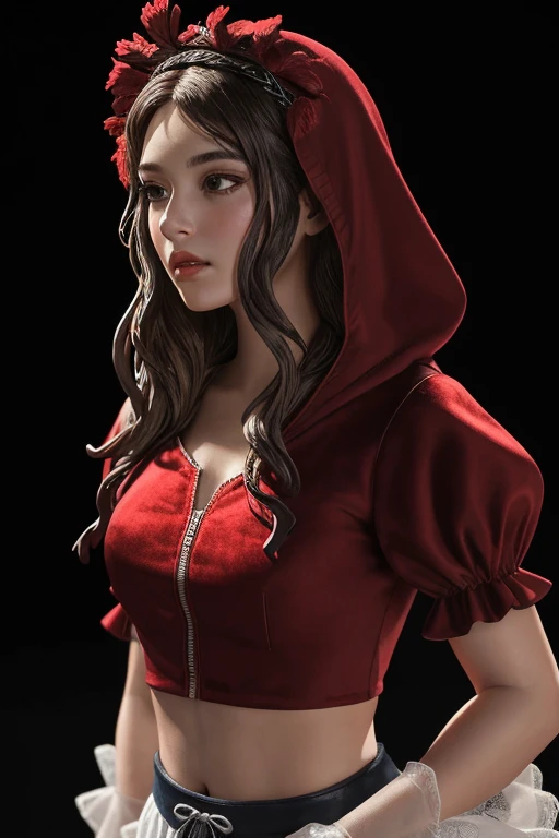 ((extreme detail)),(ultra-detailed), extremely detailed CG unity 8k wallpaper, velvet, figurine, red hood, crop top, star headdress, puffy sleeves, lips, looking away, close-up, head turn, black background