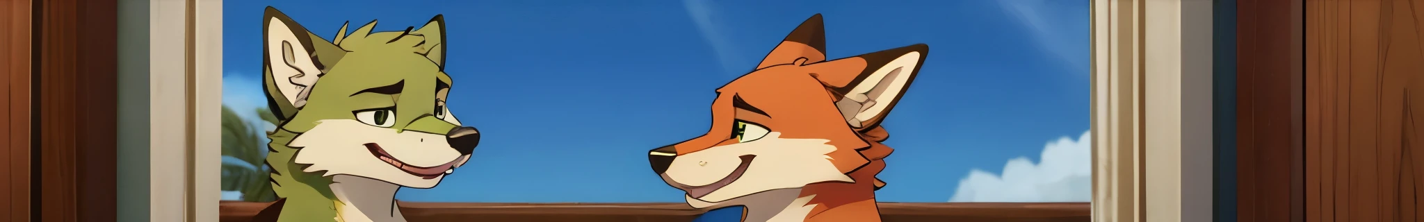 correctly eyes, a happy redfoxe and a greenwolve, only 2 guys,