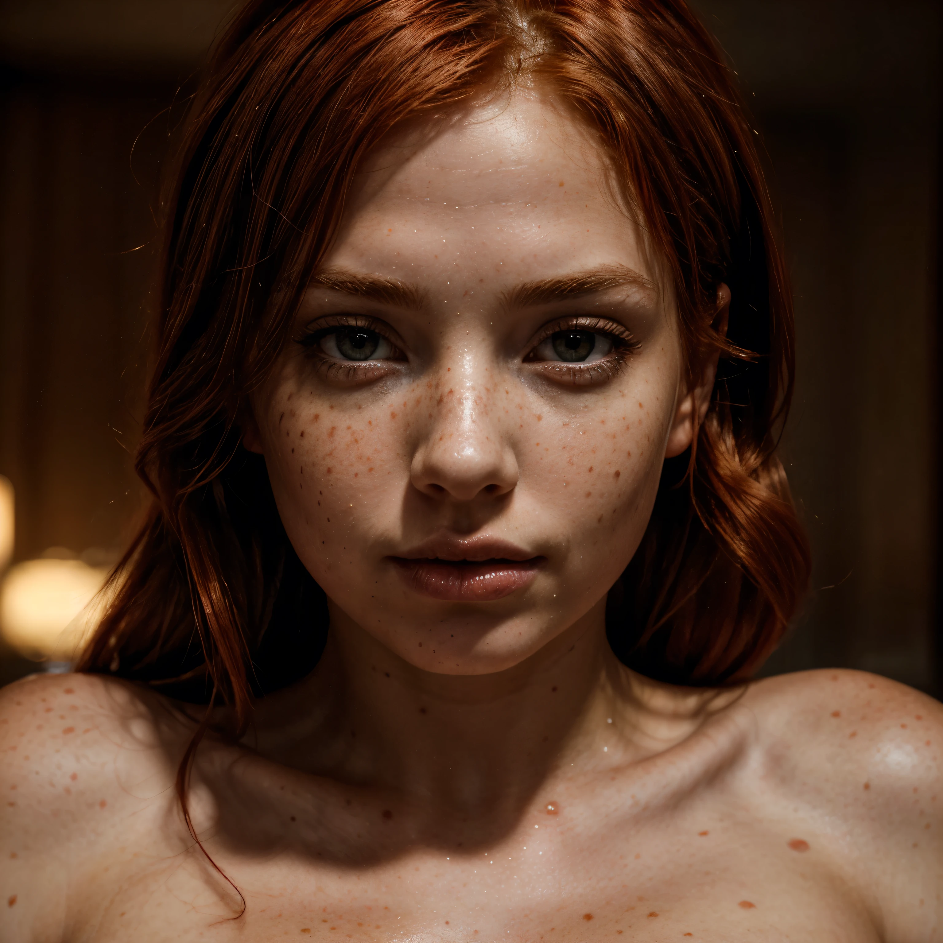 red haired sensual freckled woman, nude, seductive expression, detailed face, detailed skin, detailed eyes, detailed lips, detailed breasts, detailed body, realistic, photorealistic, 8k, high quality, masterpiece, natural lighting, warm color tones, dramatic lighting, cinematic, elegant, feminine, chiaroscuro
