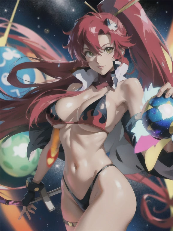 ((nsfw)), Create an incredibly detailed drawing of the character Yoko from the anime Gurren Lagann in a space environment. Let Yoko be photographed up close to show all the details of her gorgeous appearance. Please provide the highest quality and maximum detail to ensure that every line, shadow and texture is clear and realistic. Use clear focus to especially reflect her vivid facial expressions and her characteristic features, such as hair, eyes, and clothing.

Add a space environment with neon lights and a colorful spectrum to create a futuristic, exotic atmosphere. Let these lights illuminate and enhance the beauty and elegance of Yoko. Short, narrow 
 Top, in love. Watermelon

Please make the drawing accurate and consistent with Yoko's appearance from the anime Gurren Lagann. Waterfall, oasis, furs, transformers