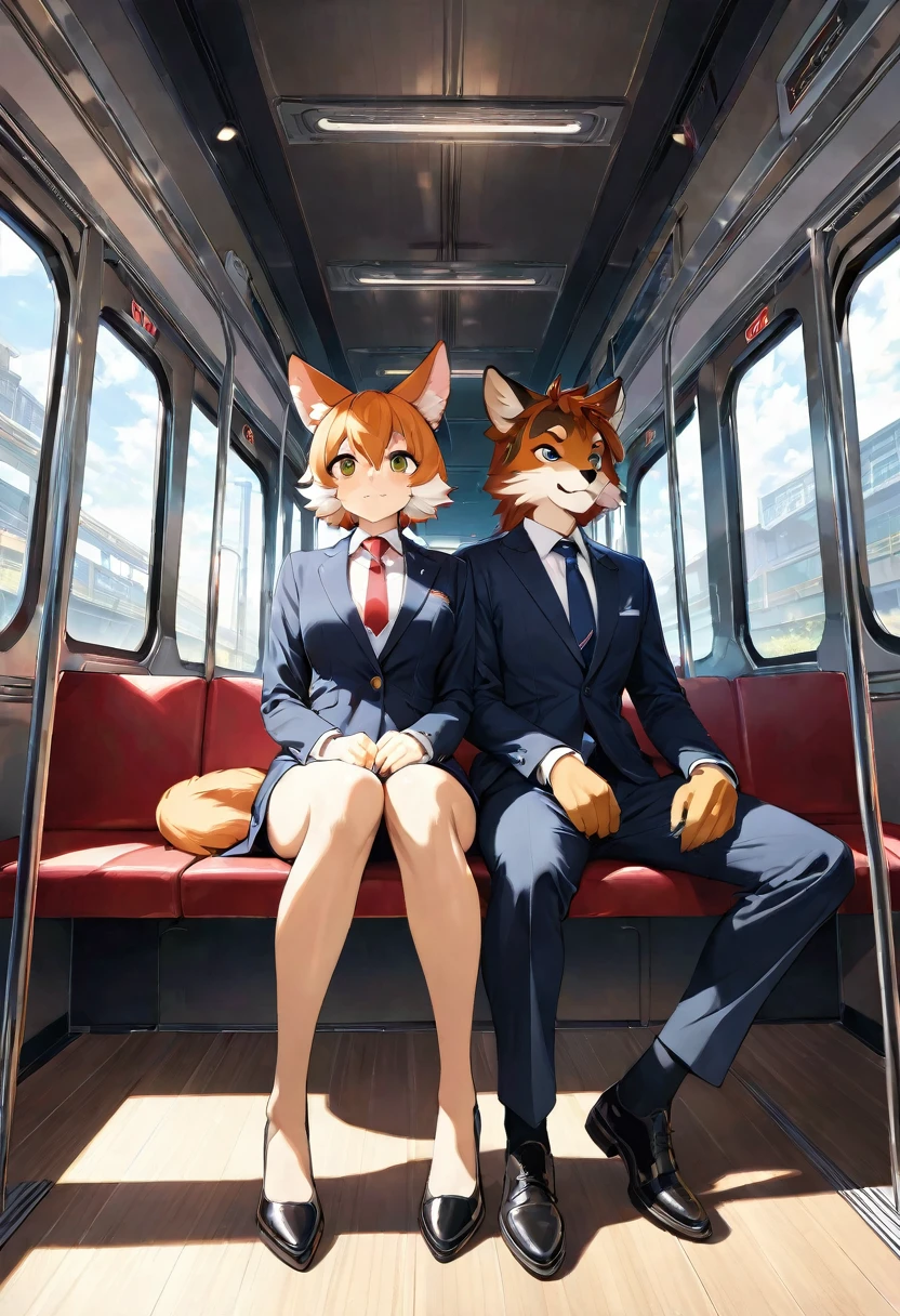 novel illustration, cover page, highres, top quality, best quality, paid reward available, unparalleled masterpiece, perfect artwork, absurdres, High-quality illustrations, super high resolution, detailed background, perfect anatomy(kemono, furry anthro, boys, girls)train interior, salary, suits, student, standing, sitting, Tyndall phenomenon, good lighting, cinematic shadowdynamic angle,