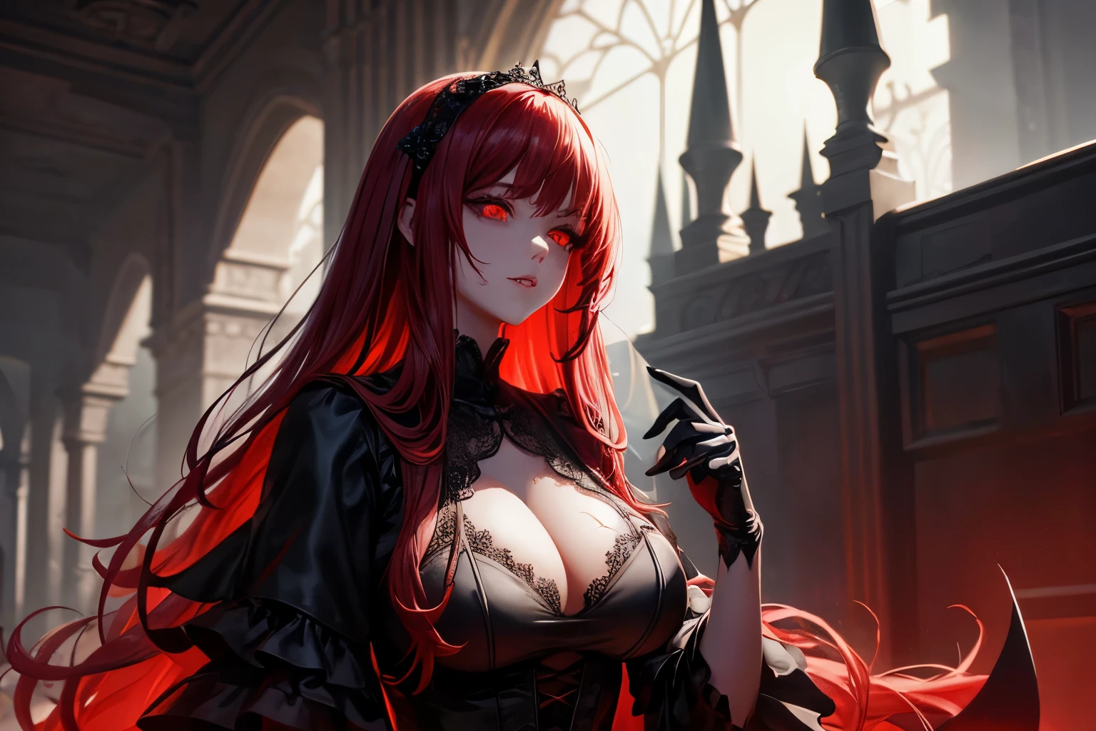 (high qualiy, high resolution, fine-details), black fantasy, Gothic medieval castle, a dark queen in a dark castle, red and black lace dress, standing alone, curvy adult women, Red hair, (eerie glowing red eyes:1.2), (detailedeyes:1.2), ssmile, sweat, greasy skin, dramatic lighting, dramatic shadows, temperamental atmosphere, cinematic, Shallow depth of field