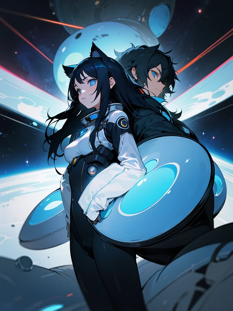  an anime girl in a tight revealing space suit with a dark fur cat by her side in space. the girl has long black hair, and his eyes are a bright blue. The spacesuit is a metallic black color and has silver and blue details. The cat has bright eyes and appears to be looking into the distance, like he was exploring the cosmos together with the girl.