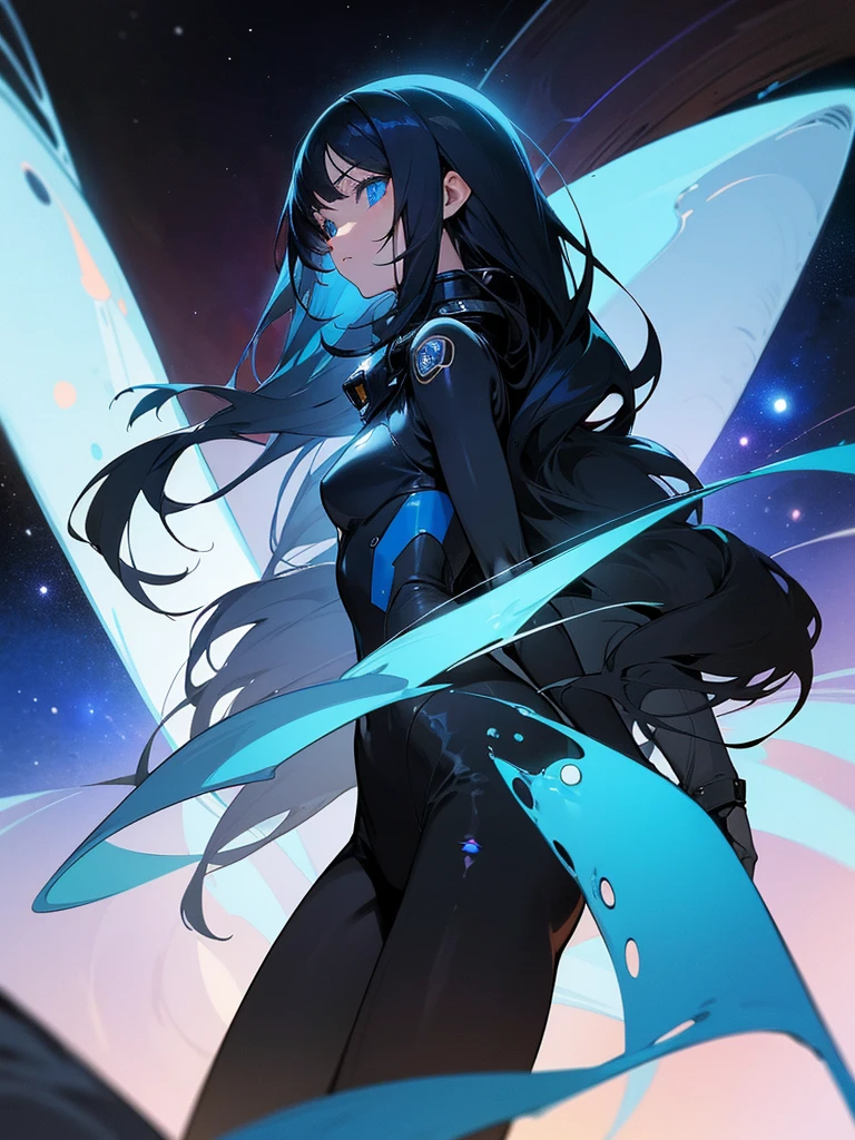 an anime girl in a tight revealing space suit with a dark fur cat by her side in space. the girl has long black hair, and his eyes are a bright blue. The spacesuit is a metallic black color and has silver and blue details. The cat has bright eyes and appears to be looking into the distance, like he was exploring the cosmos together with the girl.