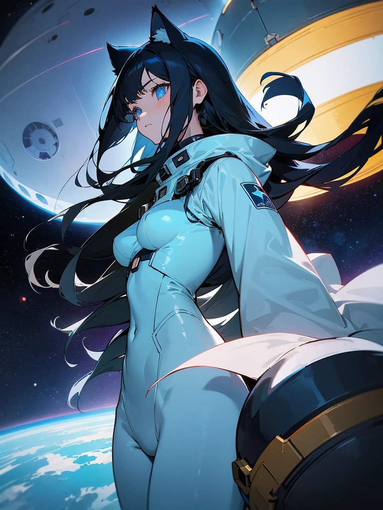  an anime girl in a tight revealing space suit with a dark fur cat by her side in space. the girl has long black hair, and his eyes are a bright blue. The spacesuit is a metallic black color and has silver and blue details. The cat has bright eyes and appears to be looking into the distance, like he was exploring the cosmos together with the girl.