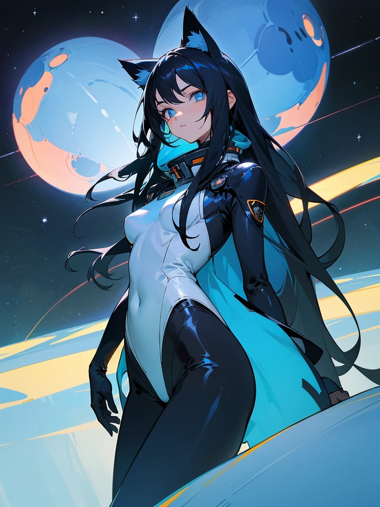 an anime girl in a tight revealing space suit with a dark fur cat by her side in space. the girl has long black hair, and his eyes are a bright blue. The spacesuit is a metallic black color and has silver and blue details. The cat has bright eyes and appears to be looking into the distance, like he was exploring the cosmos together with the girl.