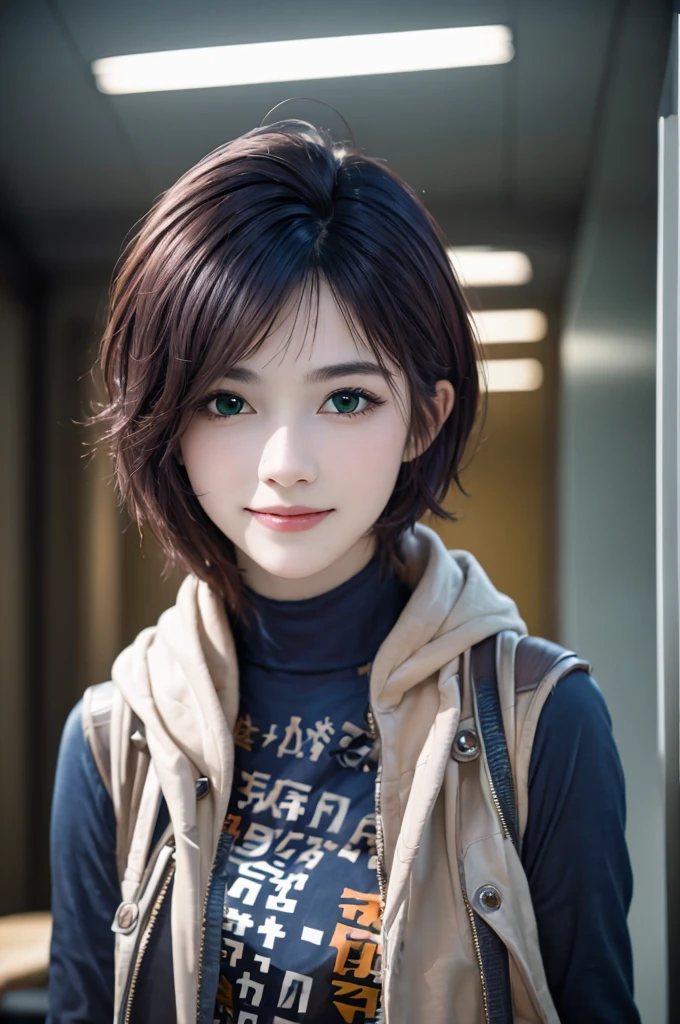 A young girl in realistic portrait of high quality and detail, movie style, younger face, (dark blue hair, short hair:1.3), realistic eyes, green eyes, pale skin, She is wearing a hoodie and sleeveless, Belle (Zenless Zone Zero), happy face, glow, eye shadow, 1girl, Depth & Perspective, smiling on her face, fine face, she is standing in the video rental salon, a showcase with VHS tapes in the background, indoors, neon light on background, looking at viewer, (ultra-high detail:1.2), Masterpiece, Best Quality, Ultra-detailed, Cinematic lighting, 8K, delicate features, cinematic, highlight lighting, cinematic, Cinematic lighting, 8K, high quality, Highest Quality, (Solo Focus), (extremly intricate:1.3), (Realistic), masterful, Analog style, (Film grain:1.5), (warm hue, cold tone), 