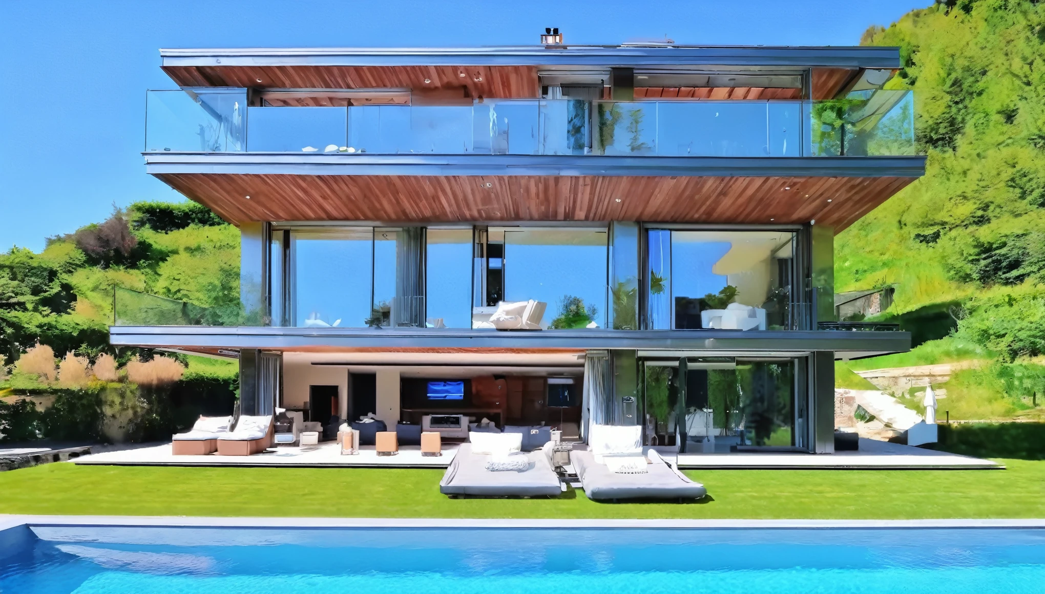 a modern luxury mansion, piscine à débGolddement, view of the'Ocean, Floor-to-ceiling windows, design d'elegant luxury interior, PhotGoldéaliste, 8k, best quality, head of'artwork, very detailed, Dramatic lighting, cinematic, Beau paysage, serene atmosphere, warm color palette, Éclairage de l'hour of'Gold, merveille architecturale