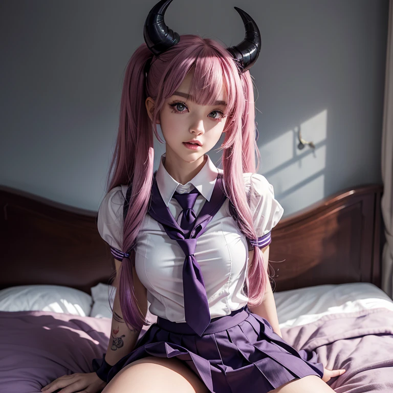 ((ultra realisitic)), ((picture-perfect)), ((face perfect)), ((ultra detaild)), ((fully body)), ((perfectbody)), succubus girl in school clothes((seifuku)), sitting on a bed, long pink hair with bangs, purple eyes, Vertical pupil, twintails hairstyle, fully body, demon girl with tail, horns on head, razor-sharp claws, Tattoo on Underbelly, moral corruption, 