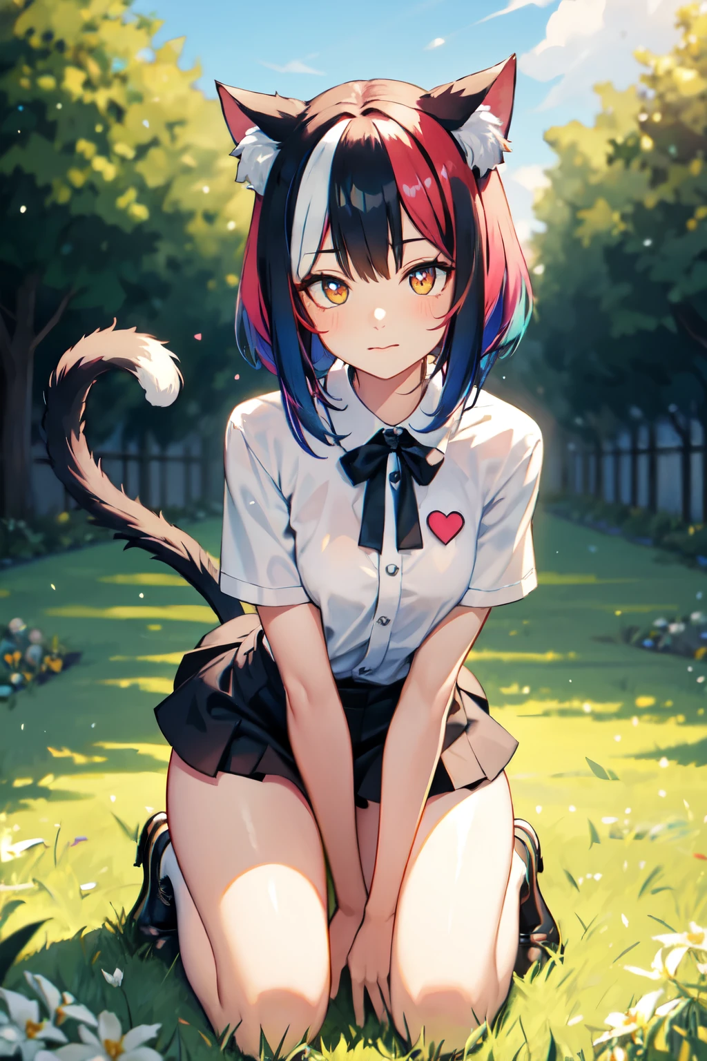Rainbow hair,Heart-shaped pupil ,Avoiding eyes,cute,Shy expression,Cat ear,Kneeling,Body tilt,Fluffy little tail,Grass background,masterpiece,detail,Ultra HD