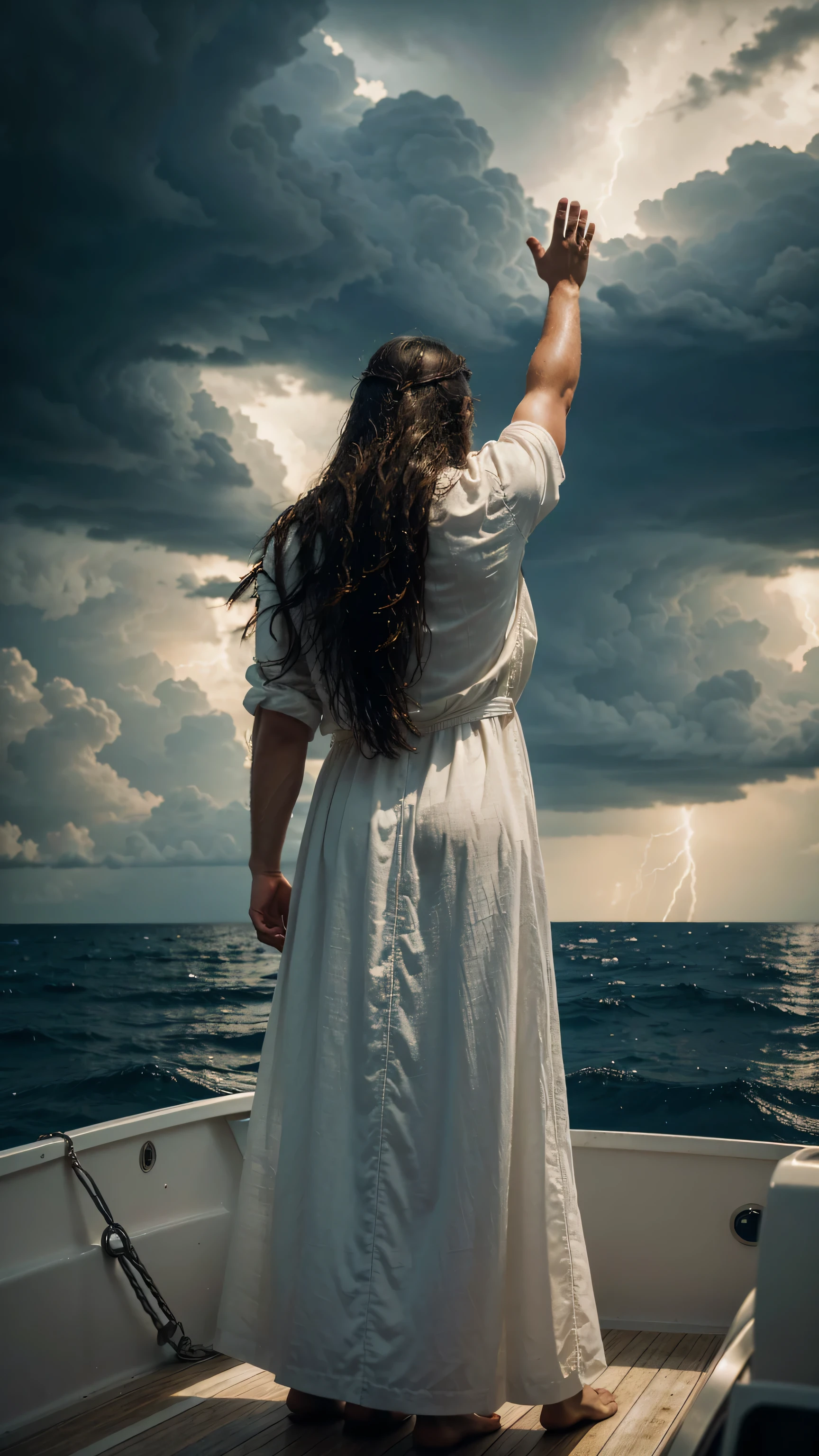 A pious man with long hair is standing on a boat with both hands raised above the sea. The sky is covered with dark clouds.back view,back view,Hyper-realistic photography, gentle soft natural lightning, real photo,Cinematic style,realistic environment,low contrast, 32k resolution , highly detailed, realistic dress. Ultrarealistic water, hills
