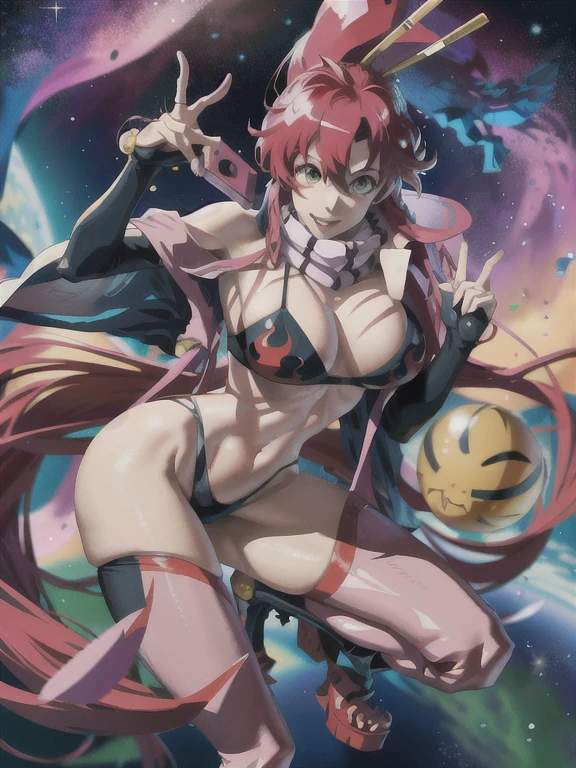 ((nsfw)), Create an incredibly detailed drawing of the character Yoko from the anime Gurren Lagann in a space environment. Let Yoko be photographed up close to show all the details of her gorgeous appearance. Please provide the highest quality and maximum detail to ensure that every line, shadow and texture is clear and realistic. Use clear focus to especially reflect her vivid facial expressions and her characteristic features, such as hair, eyes, and clothing.

Add a space environment with neon lights and a colorful spectrum to create a futuristic, exotic atmosphere. Let these lights illuminate and enhance the beauty and elegance of Yoko. Short, narrow 
 Top, in love. Watermelon

Please make the drawing accurate and consistent with Yoko's appearance from the anime Gurren Lagann. Waterfall, oasis, furs, transformers