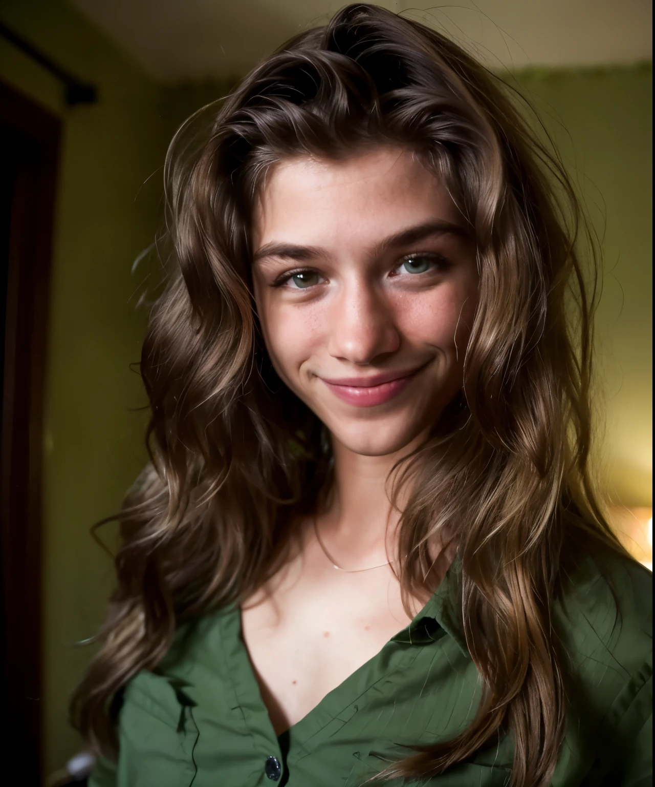 fot, close up, young man with long hair looking at viewer, at night, with a wide smile, wearing a green shirt, heartwarming, careful, comely, bonitas, in a dark room, textura de pele realista, skin pore, naturallight, warm colours, best qualityer, high resolution, detailded  